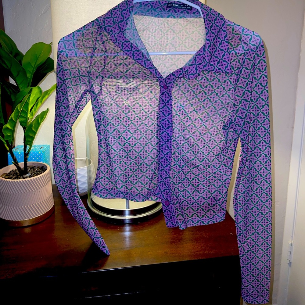 purple long sleeve button up purple top with collar from SHEIN